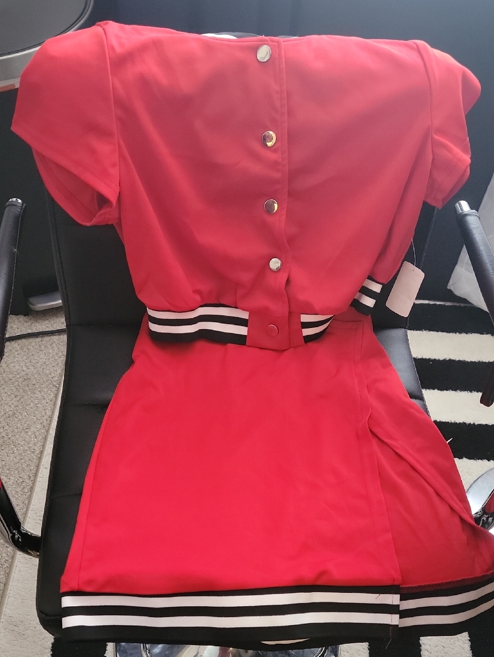 Red Button-Back Dress with Striped Trim